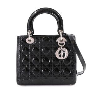 Christian Dior Cannage Lady Medium 2-way Hand/Shoulder Handbag, Enamel Black ...